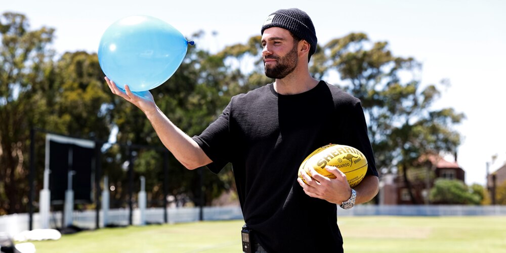 Sydney Swans AFR star Paddy McCartin showing his support for the Blue Balloon Challenge at the Waverly Oval in Sydney