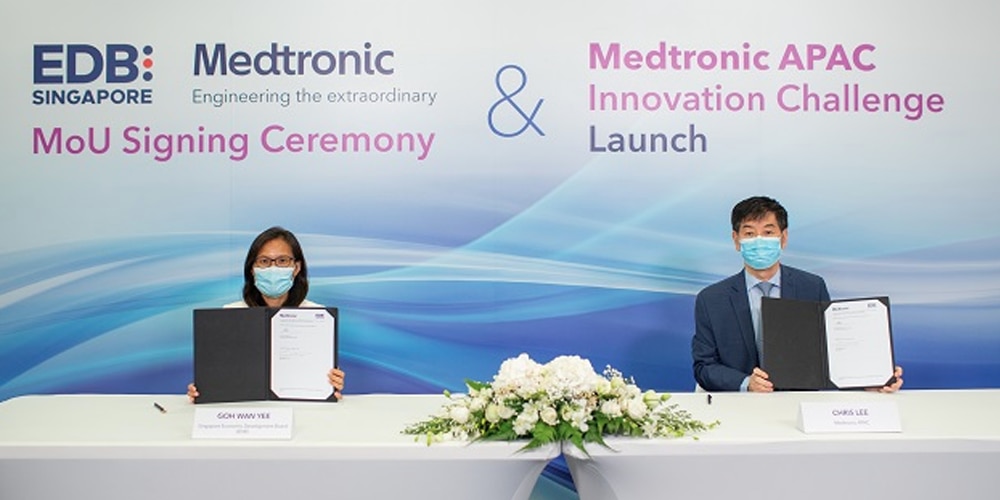 Header image shows Wan Yee Goh, senior vice president and head, Healthcare, EDB (left) and Chris Lee, president for Asia Pacific, Medtronic (right) at the signing ceremony for the Medtronic APAC Open Innovation Platform (OIP)  and MAIC launch.