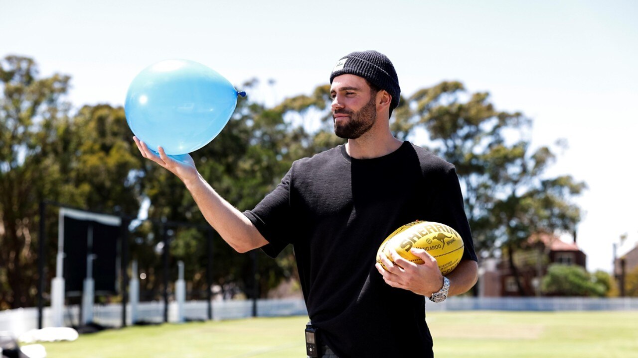 Sydney Swans AFR star Paddy McCartin showing his support for the Blue Balloon Challenge at the Waverly Oval in Sydney.