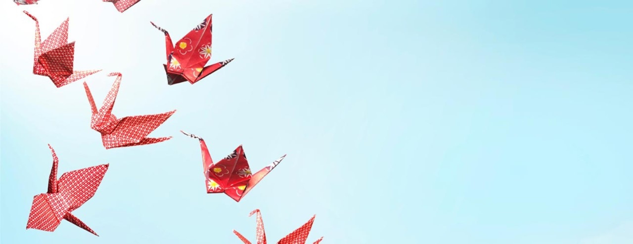 Origami birds on a light blue background.
