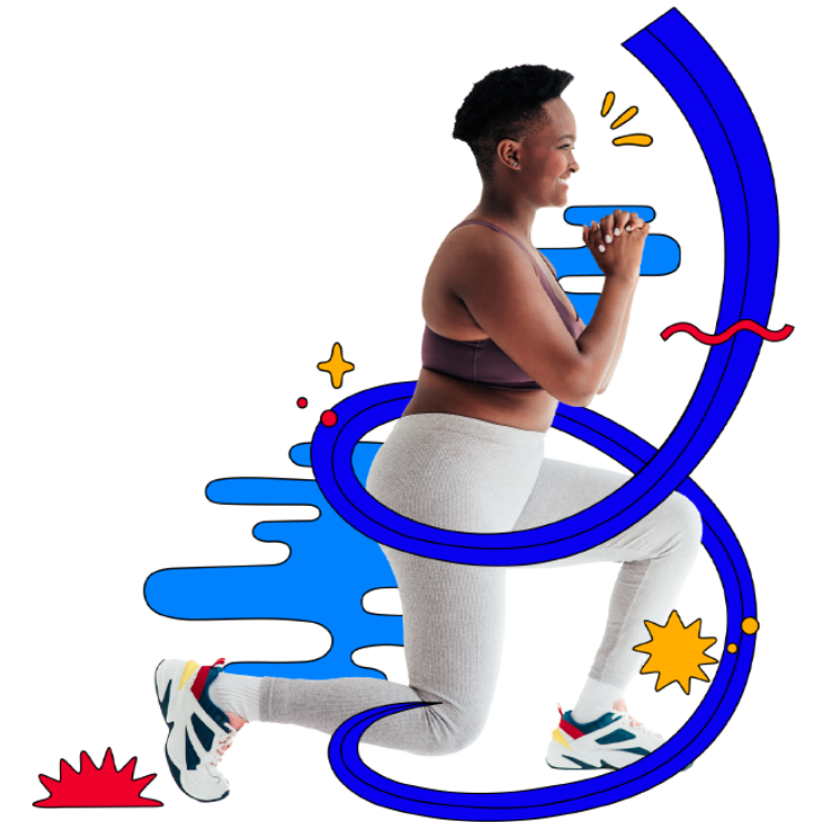 Young female in an exercise lunge pose with illustrated decorative elements