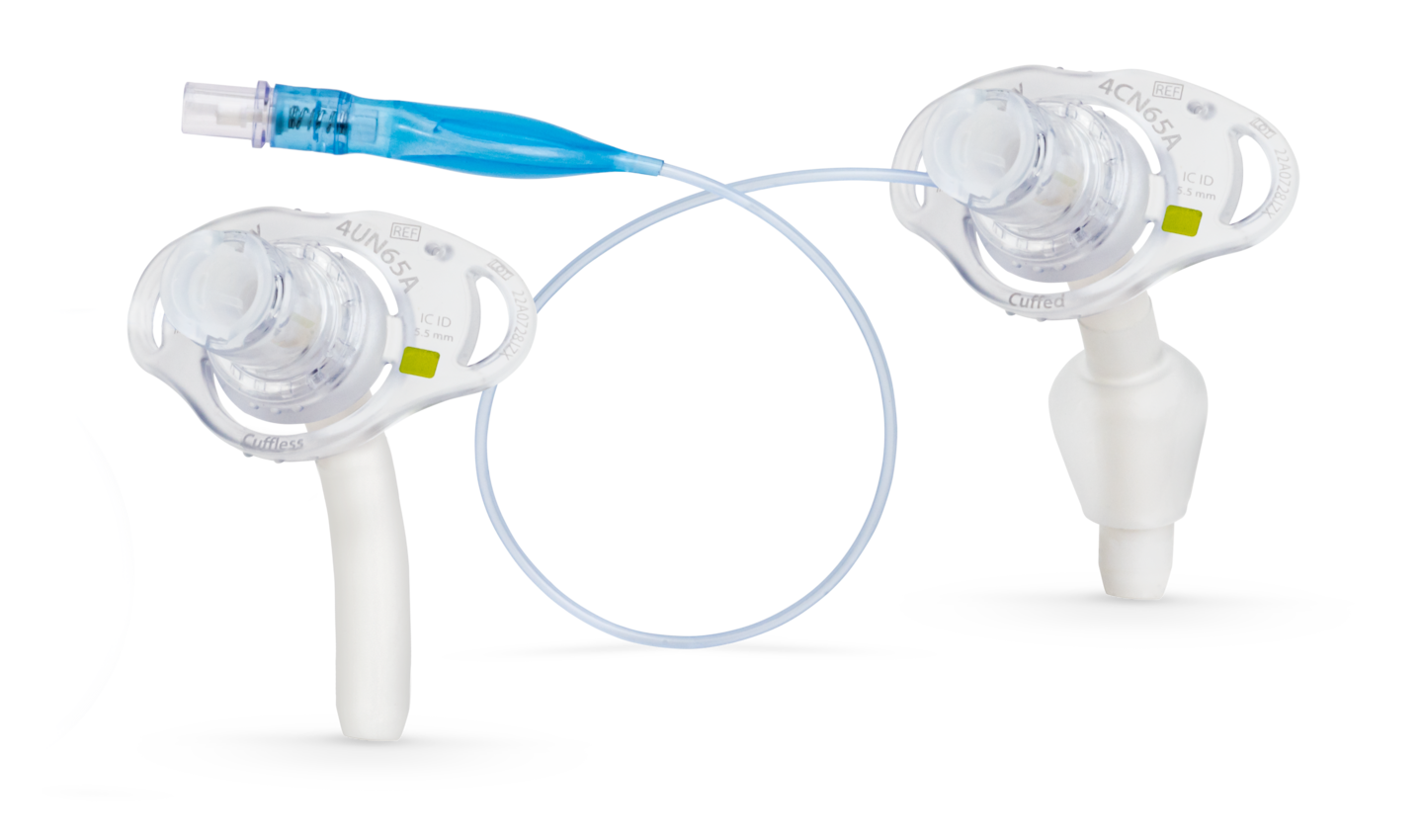Photoshoot featuring the Shiley flexible, cuffless tracheostomy tube with etched flange.
