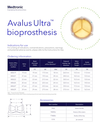 Technical specifications for the Avalus Ultra aortic valve, designed for long-term durability and optimal hemodynamic performance.