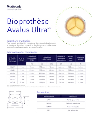Specifications techniques de la valve aortique Avalus Ultra, concue pour une durabilite a long terme et des performances hemodynamiques optimales.