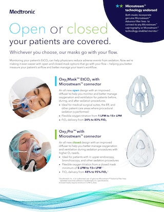 Overview of Oxy2Pro closed masks and Oxy2Mask open masks with Microstream connectors, featuring oxygen titration ranges, FiO2 delivery, and workflow benefits.