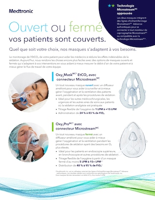 Apercu des masques Oxy2Pro fermes et Oxy2Mask ouverts avec connecteur Microstream, incluant les plages de titration d'oxygene, la livraison de FiO2 et les avantages pour le flux de travail.