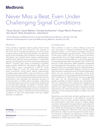 Highlights the Never Miss a Beat study, focusing on the accuracy and reliability of pulse oximetry for diverse patient populations.