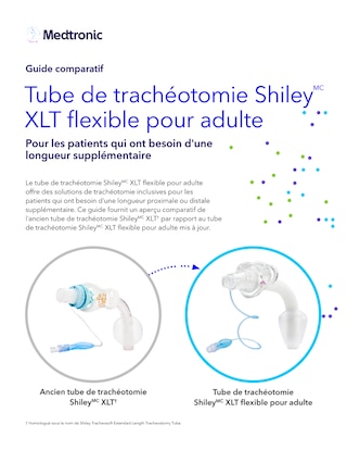 Presentation des caracteristiques de la canule de tracheotomie Shiley XLT, incluant une longueur etendue, une bride plus souple et un ballonnet TaperGuard pour un meilleur soin des patients.