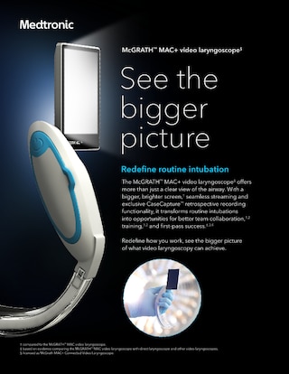 Product brochure highlighting the McGRATH MAC+ video laryngoscope with a larger high resolution screen seamless streaming and retrospective case recording to support routine intubation teamwork and training