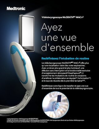 Brochure présentant le vidéolaryngoscope McGRATH MAC+, doté d’un écran haute résolution plus grand, d’une diffusion sans interruption et d’un enregistrement rétrospectif des cas, afin de faciliter le travail d’équipe et la formation en matière d’intubation habituelle