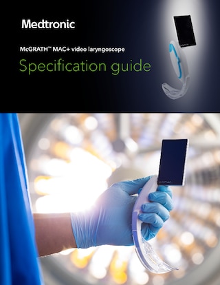 Specification guide detailing the technical characteristics dimensions power requirements and operating conditions of the McGRATH MAC+ video laryngoscope and relay