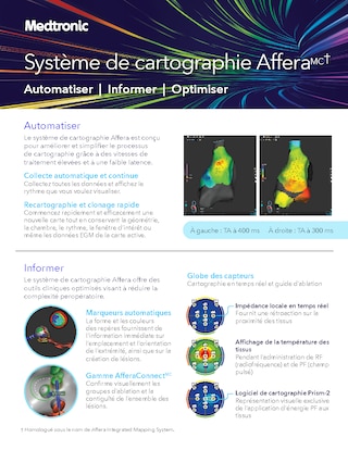Brochure mettant en avant les fonctionnalites du systeme de cartographie Affera, concu pour automatiser, guider et optimiser les flux de travail en electrophysiologie.
