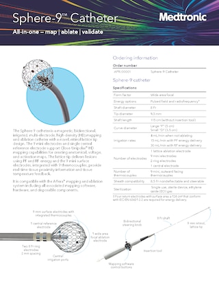 Technical specifications for the Sphere-9 mapping and ablation catheter with Close-Unipolar mapping and dual-energy therapy.
