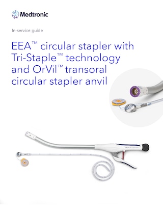In-service guide for the EEA circular stapler with Tri-Staple technology and OrVil transoral circular stapler anvil, including device setup, use, and handling instructions.
