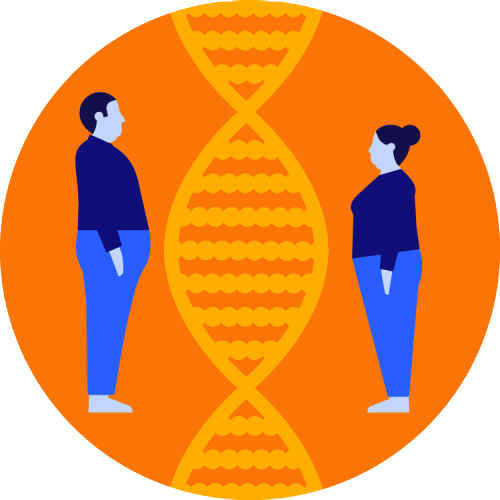 obese woman and man infront of obesity gene illustration