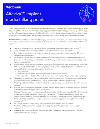 Media talking points template for promoting Altaviva™ therapy for urge urinary incontinence to local press.