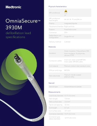 View this specifications sheet for the OmniaSecure™ defibrillation lead model 3930M.