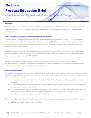 HVAD™ Batteries Shipped with Reduced State of Charge