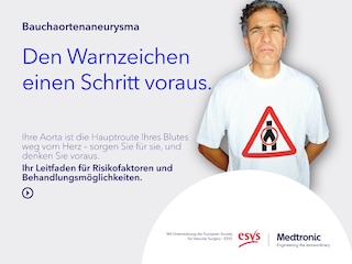 Interaktiver Leitfaden für Patienten zu Risikofaktoren, Symptomen und Behandlungsmöglichkeiten (EVAR oder offene Operation) eines Bauchaortenaneurysmas (BAA).