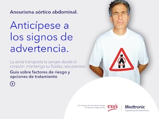 Guía interactiva para pacientes sobre los factores de riesgo, los síntomas y las opciones de tratamiento (EVAR o cirugía abierta) del aneurisma de aorta abdominal (AAA).