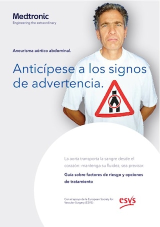 Guía imprimible para pacientes sobre los factores de riesgo, los síntomas y las opciones de tratamiento (EVAR o cirugía abierta) del aneurisma de aorta abdominal (AAA).