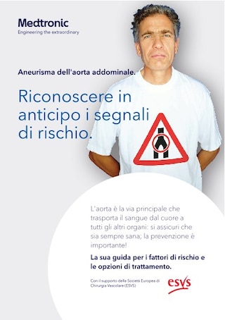 Guida stampabile per i pazienti sui fattori di rischio, i sintomi e le opzioni di trattamento (EVAR o chirurgia a cielo aperto) dell’aneurisma dell’aorta addominale (AAA).