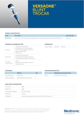 Tech sheet cover for the VersaOne™ blunt trocar, showing product specifications and technical details.