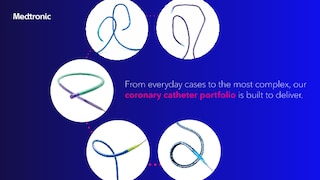 Medtronic coronary catheter portfolio brochure cover highlighting diagnostic, guide, guide extension, and aspiration catheters