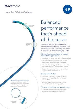 Launcher 6F Guide Catheter sales sheet showing product features, benefits, and available curves for interventional cardiology.