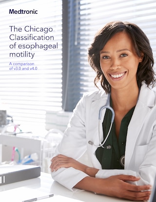 Brochure titled "The Chicago Classification of esophageal motility: A comparison of v3.0 and v4.0," summarizing updates in diagnostic protocols, criteria, and metrics for esophageal motility disorders using high-resolution manometry.