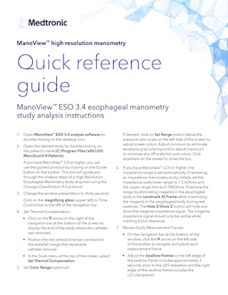 Cover page of the ManoView™ High Resolution Manometry Quick Reference Guide, featuring instructions for esophageal manometry study analysis with the ManoView™ ESO 3.4 software.