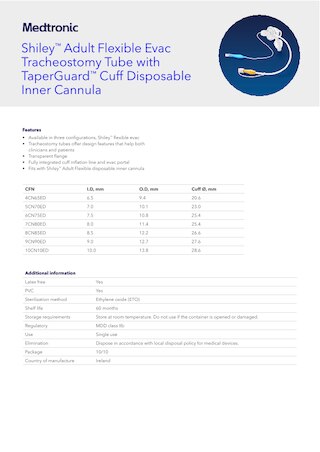 Shiley ™ Adult Flexible Evac Tracheostomy Tube with TaperGuard ™ Cuff Disposable Inner Cannula info sheet