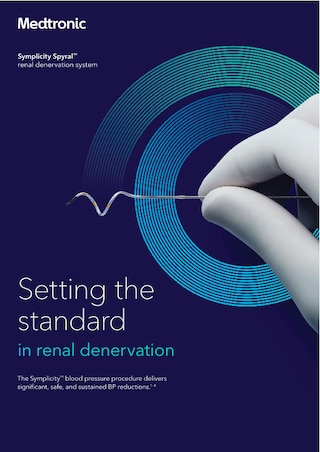 Brochure explaining the Symplicity Spyral renal denervation system and its role in reducing blood pressure through renal nerve ablation.