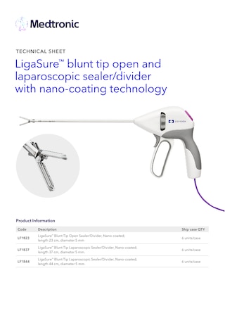 Technical sheet cover for the LigaSure™ LF18xx blunt tip device, showing product specifications and key technical details.