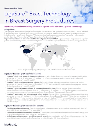 Cover of the LigaSure™ breast surgery data sheet, presenting product information and reference details for breast surgery applications.