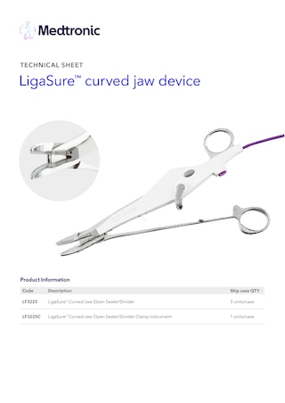 Technical sheet cover for the LigaSure™ Curved Jaw LF3225 and LF3225C devices, showing product specifications and technical information.