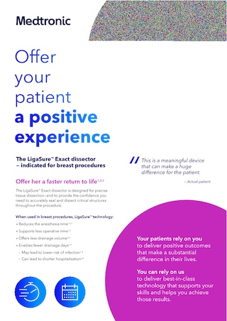 Cover of the LigaSure™ Exact breast information sheet, featuring device imagery and product information.