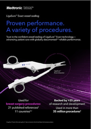 Infographic cover for the LigaSure™ Exact device in breast procedures, presenting key facts, product imagery, and reference information.