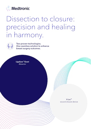 Cover of the LigaSure™ Exact Dissector and V‑Loc™ information sheet, showing product visuals and reference details.