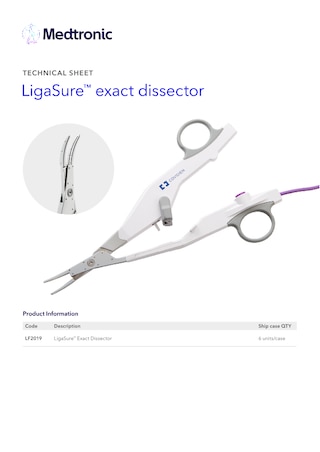Technical sheet cover for the LigaSure™ Exact LF2019 device, showing product specifications and technical information.
