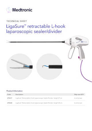 Technical sheet cover for the LigaSure™ Hook LF5637 and LF5644 devices, showing product specifications and technical information.