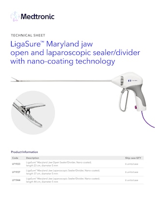 Technical sheet cover for the LigaSure™ Maryland Family LF19xx devices, displaying product information and technical specifications.