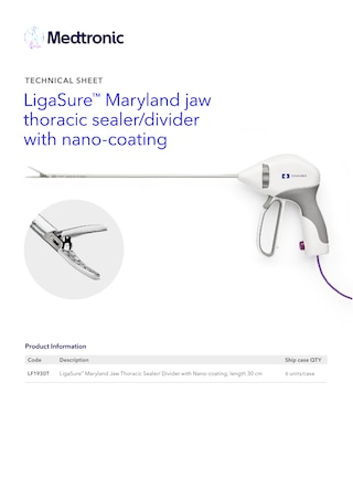 Technical sheet cover for the LigaSure™ Maryland Thoracic LF1930T device, showing product specifications and technical details.