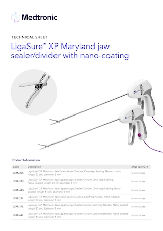 Technical sheet cover for the LigaSure™ Maryland XP LXMJXXL and LXMJXXS devices, displaying product specifications and technical information.