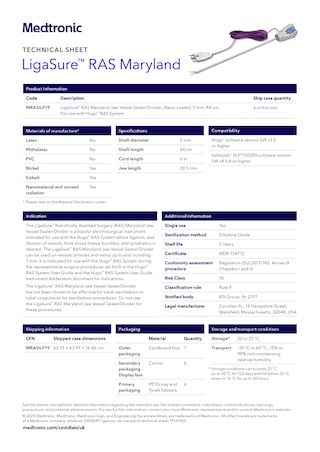 Technical sheet cover for the LigaSure™ RAS Maryland device, displaying product specifications and technical information.