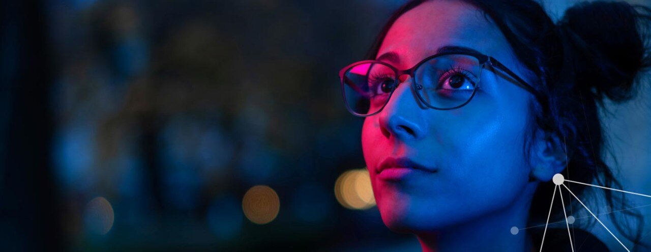 Woman with glasses in city, stylized blue & red lighting with node lines, Thumbnail image crop
