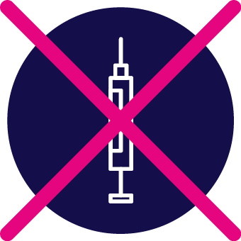A navy circle icon with a white outline of an injection, this has a large pink cross over the top to show No injections needed. 