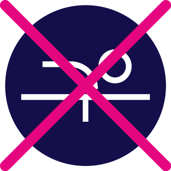 A navy circle icon, within this is a white outline drawing of someone on a surgery table. This icon has a large pink cross over the top to show that they mean no surgery.  