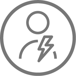 A grey circle icon with a dark grey outline, inside is the outline of a man with a lightening bolt over him. 