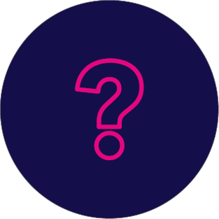 A navy blue circle with a pink question mark inside, used as an icon or CTA.